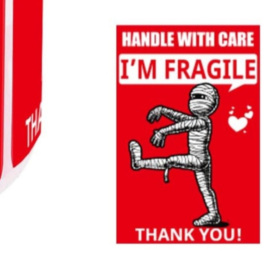 Funny Fragile Labels - Mummy & Dog - 120 count - 3" x 2" - Red Black White - Picture 5 of 6